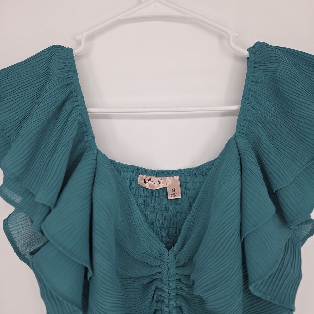 Willow & Root Womens Teal Smocked Ruched Tie Front Ruffle Chiffon Blouse Medium - Picture 2 of 8